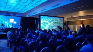 Corporate conference audience facing a stage during a live business event